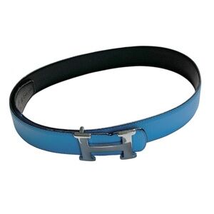 🆕 Hermes Style Blue/Black Leather Reversible Silver Brushed H Buckle Belt 🆕